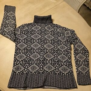 Talbots Black & White Fair Isle Turtleneck Sweater Size M Cotton Wool Blend